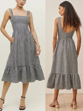 Reformation Bucatini Dress April Check Black White Gingham Linen Size 12 NWT‎
